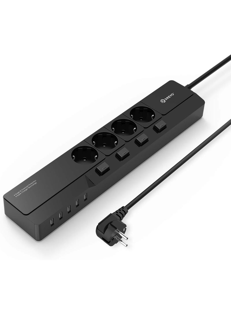 DREVO DP45 EU Power Strip Surge Protector - 4 Outlets with Individual Energy-Saving Switches - 5 High-Speed USB Charging Ports - 1.5m Heavy Duty Extension Cord - Fireproof Charging Station for Home & Office - Black - Image 1